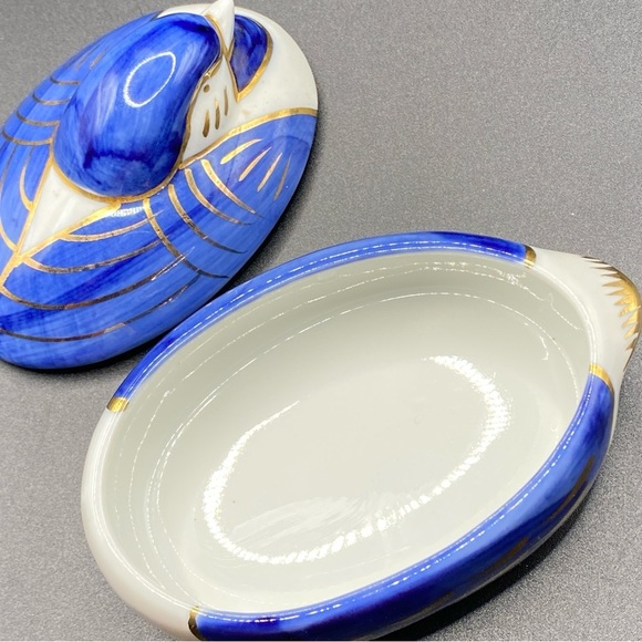 OTIGIRI Porcelain Duck Trinket Box Blue White Gold - Picture 2 of 8